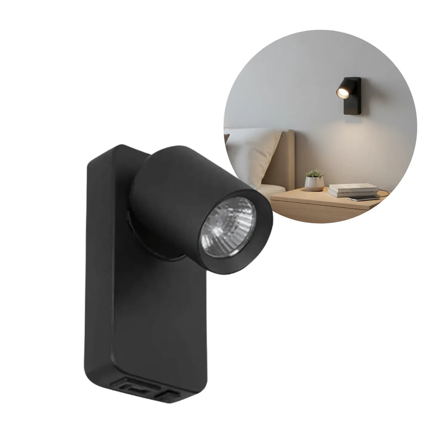 Wand-Nachttischlampe mit USB-Stecker | USB Typ A + C | GU10 | Schwarz