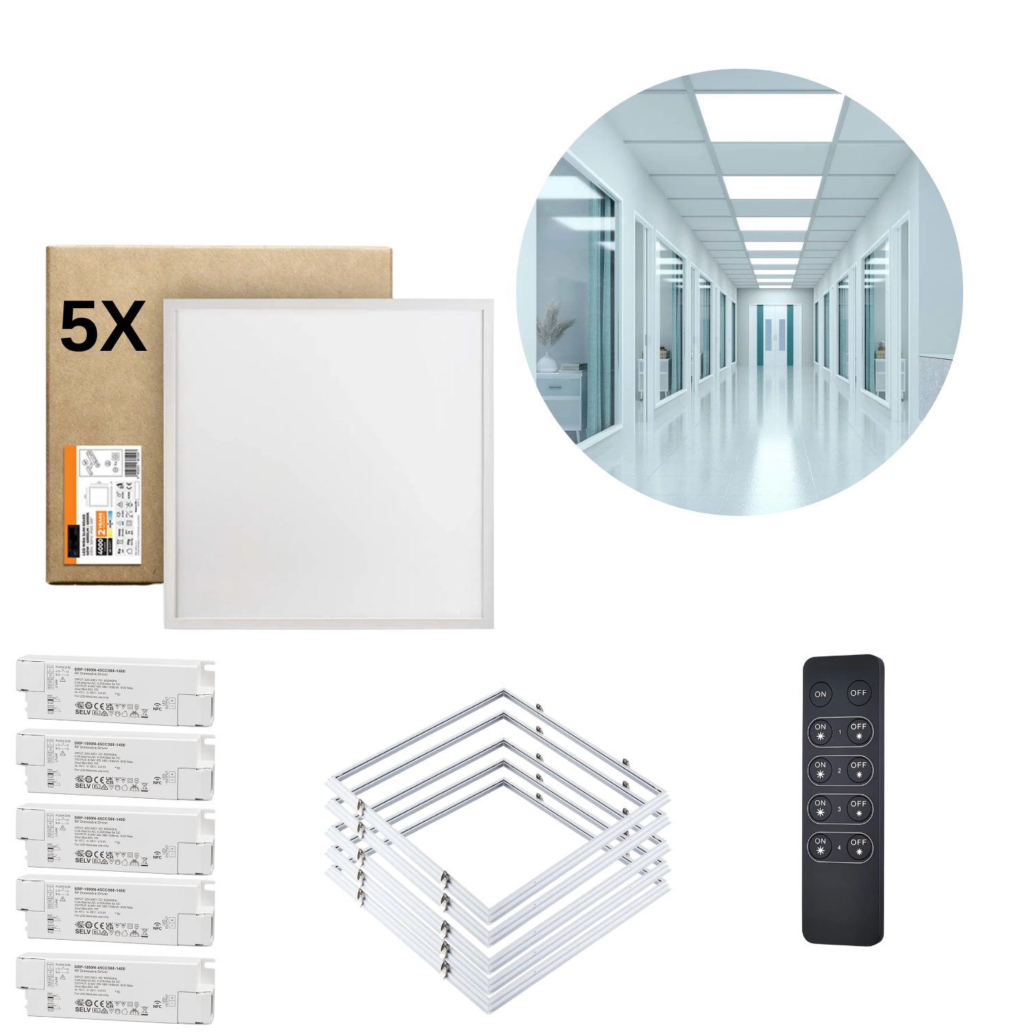 LED-panel 60x60 | 5-pack | Dimbar | 4000K | 4000lm | Inkl. fjärrkontroll och fjäderram | NIRA | Vit