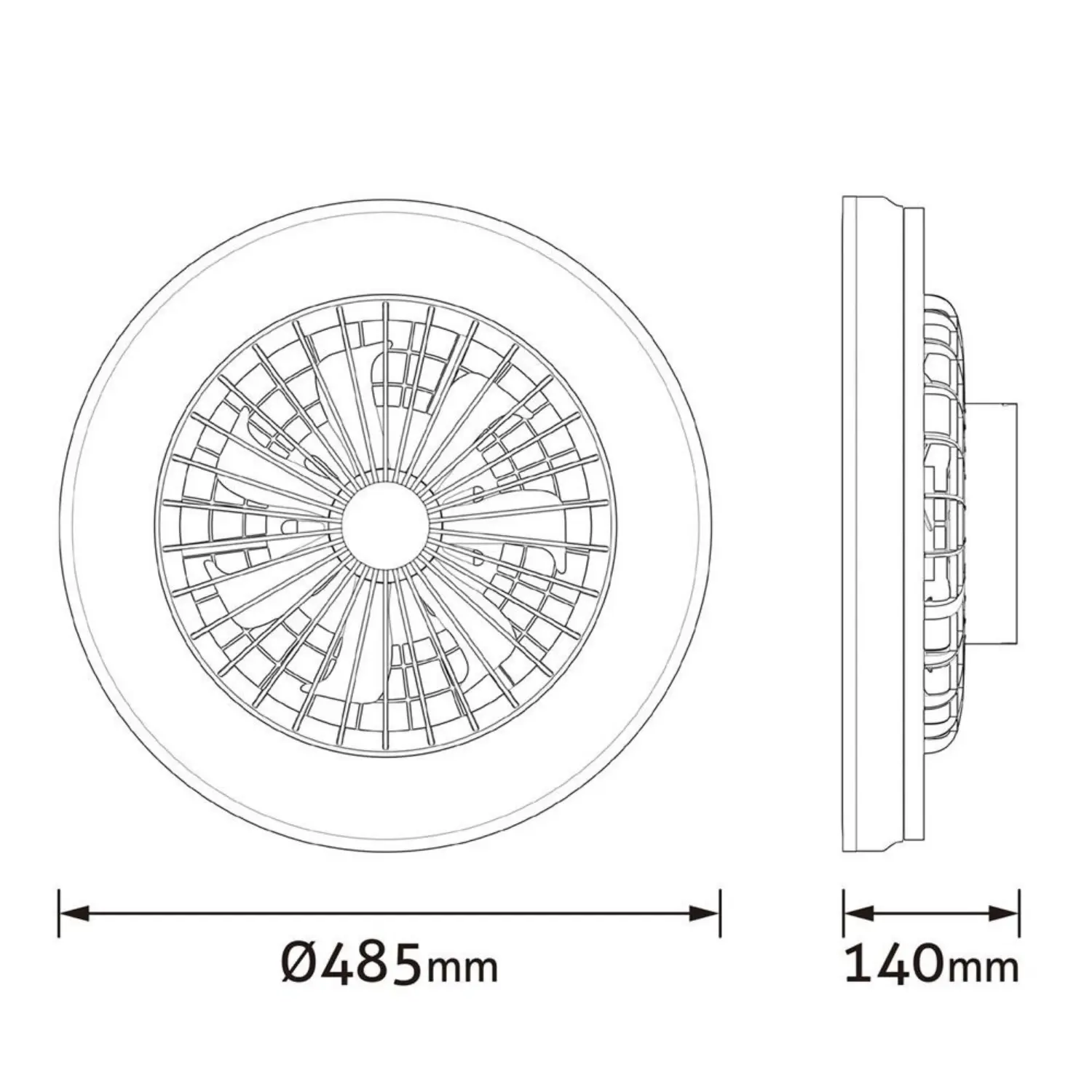 Teknisk tegning af loftventilator med lys med mål på 485 mm i diameter og 140 mm i højde.