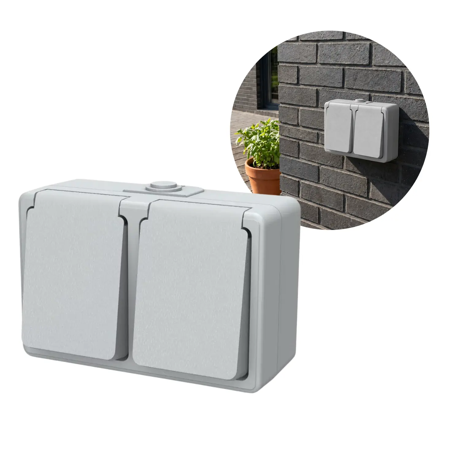 Dubbele contactdoos met randaarde | Buiten | 13A | IP54 | Grijs