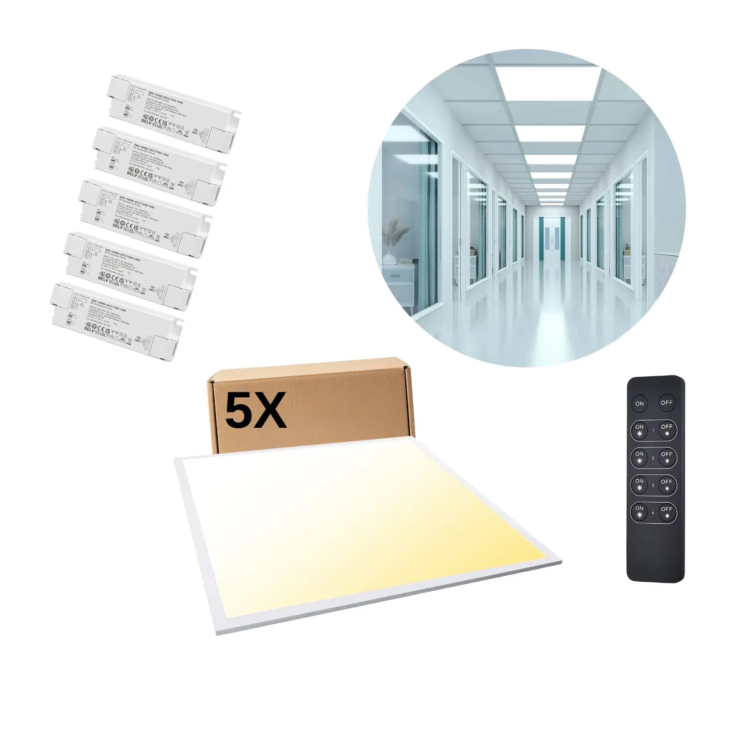 LED Panel 60x60 | 5-Pak | Dæmpbar | CCT | 3200lm | 32W | Inkl. Remote | SMART | Hvid 