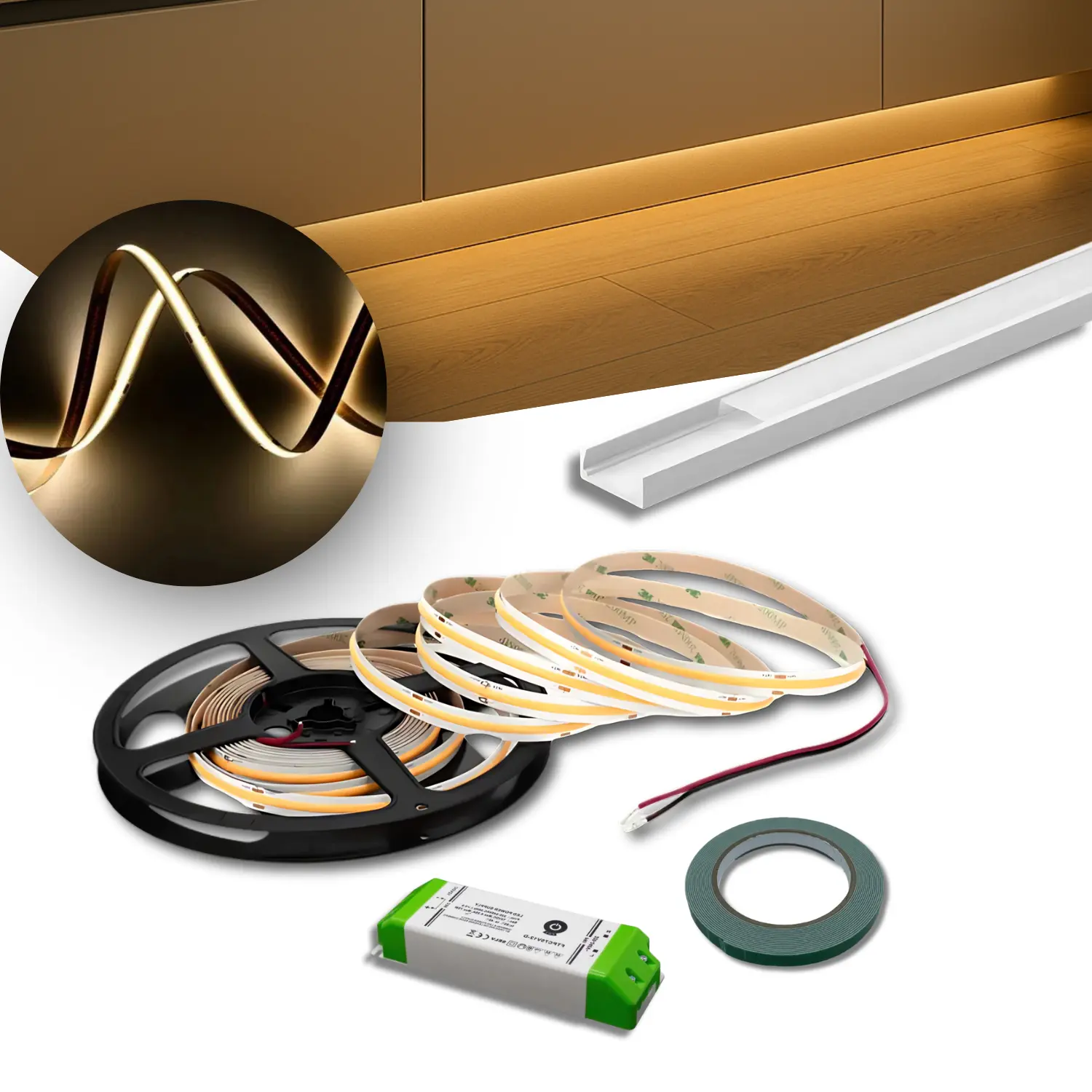 COB LED Strip Sæt | 6m | 3000K | Dæmpbar | 9W/m | 8mm | Inkl. Driver og Profil