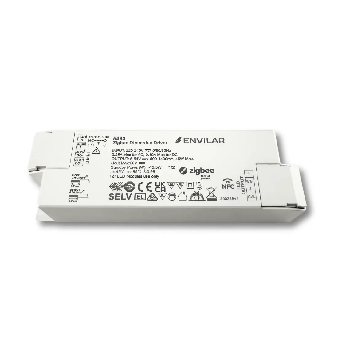 LED Panel Driver i hvidt ENVILAR-kabinet med Zigbee og NFC, udgang 6–54 V/500–1400 mA, 45 W, samt push-dæmpning og mærkede +/− og WW/CW-klemmer.