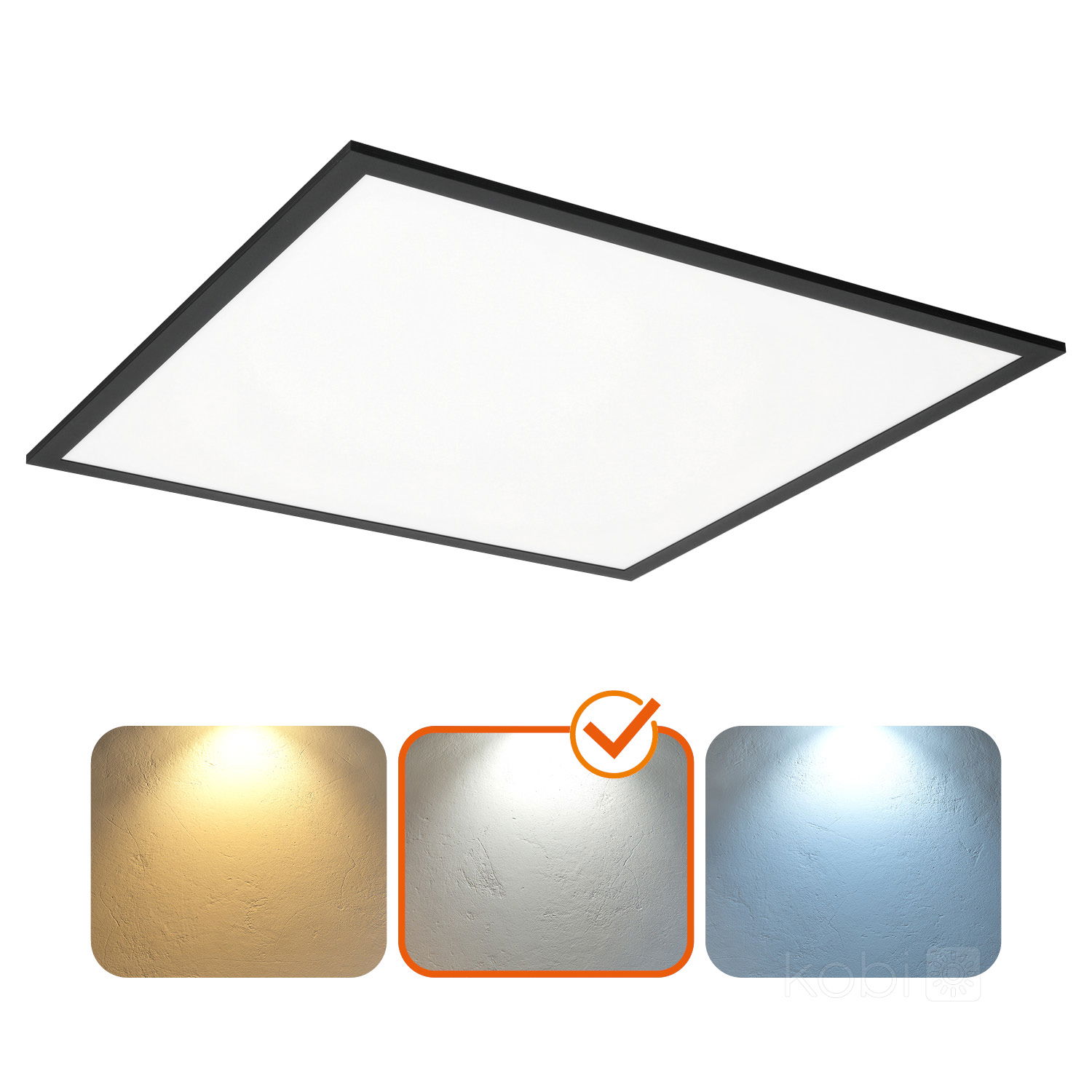 LED Panel 60x60 med svart ram, 40W effekt och inbyggd LED. Illustration visar ljusfärgerna varmvit, neutralvit (4000K) och kallvit som valmöjligheter.