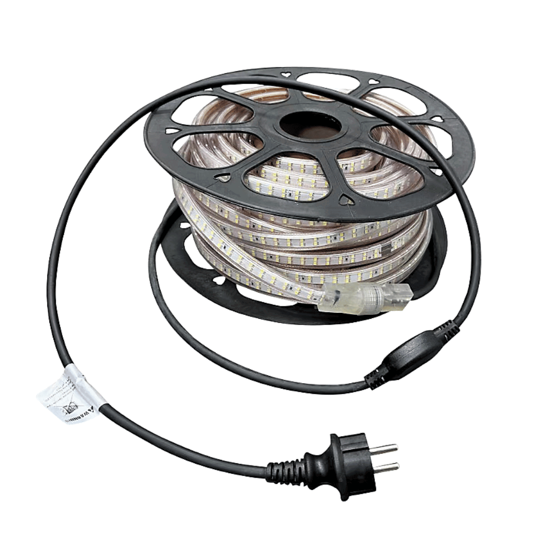 LED-strip på 25 meter med EU-kontakt på rulle, anpassad för pålitlig belysning både inne och ute.