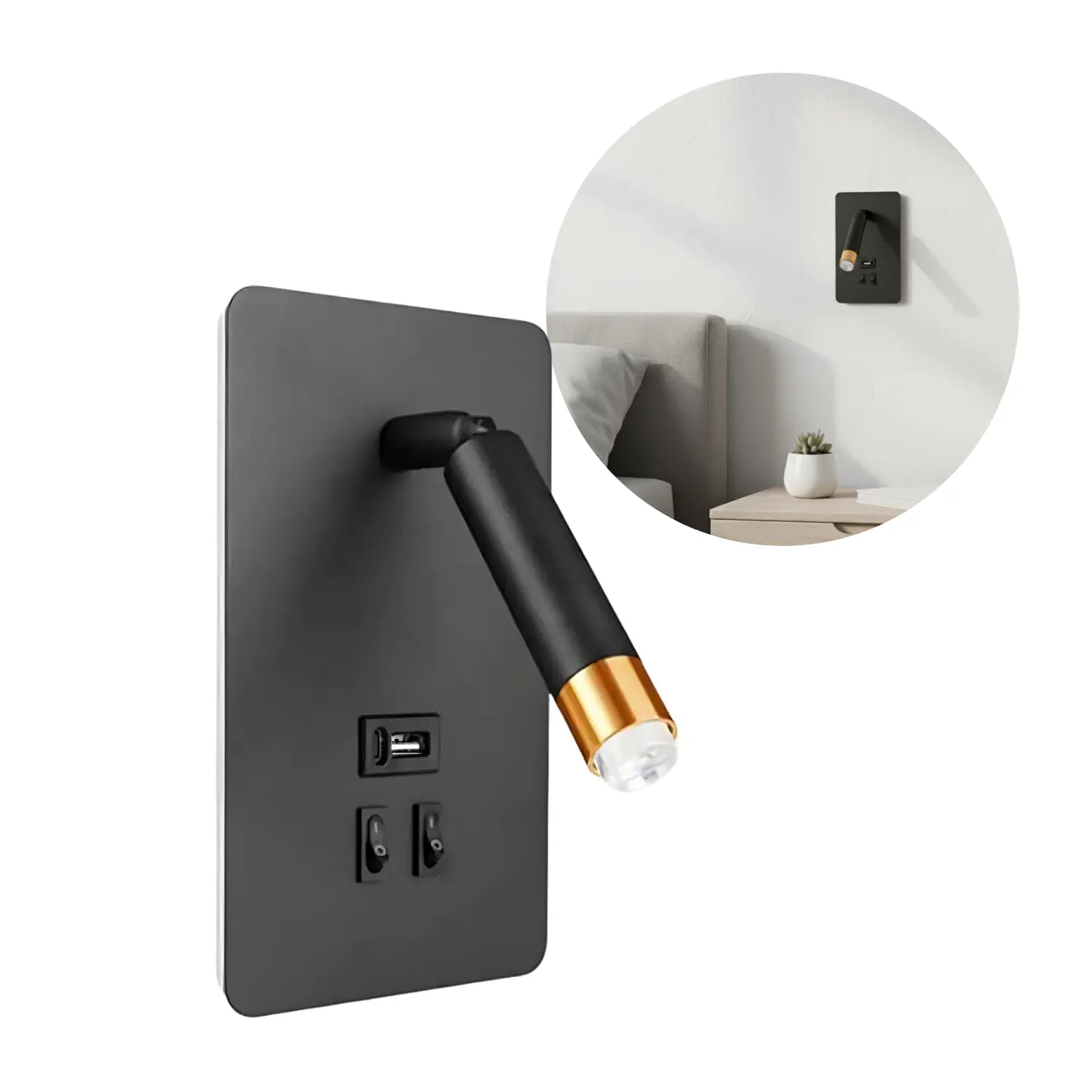 Wandlamp met USB-stekker | USB type A + C | LED-achtergrondverlichting | G9 | Messing en zwart