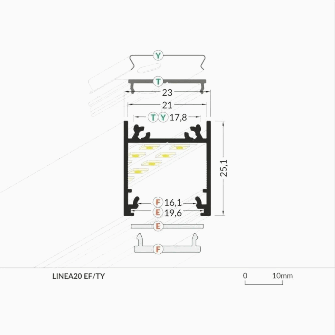 Teknisk tegning med mål og dimensioner af aluprofil til indbygning.