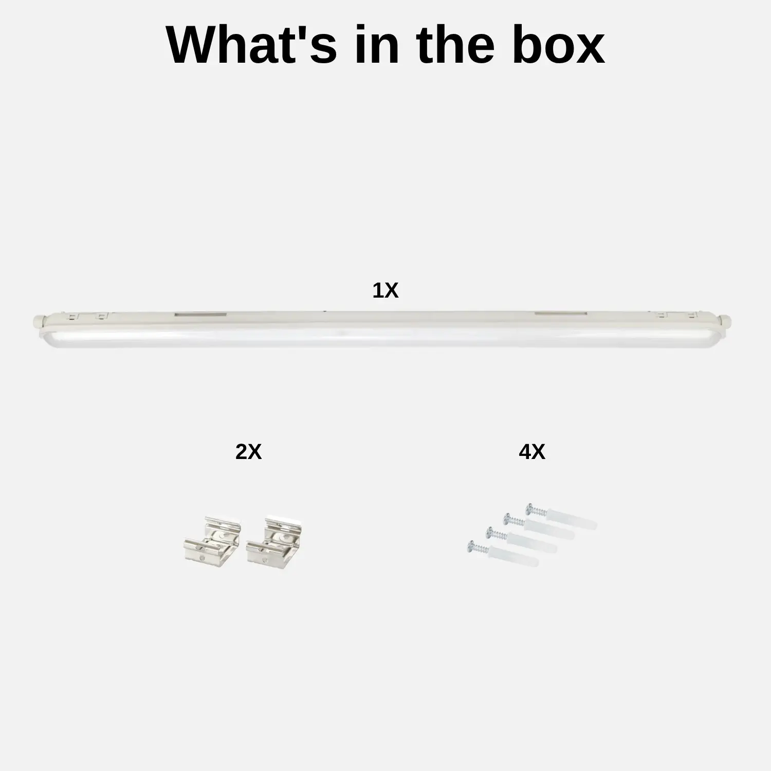 LED Armatur 120cm LINKER 40W visat med paketets innehåll bestående av armatur, två monteringsbeslag och fyra skruvar.