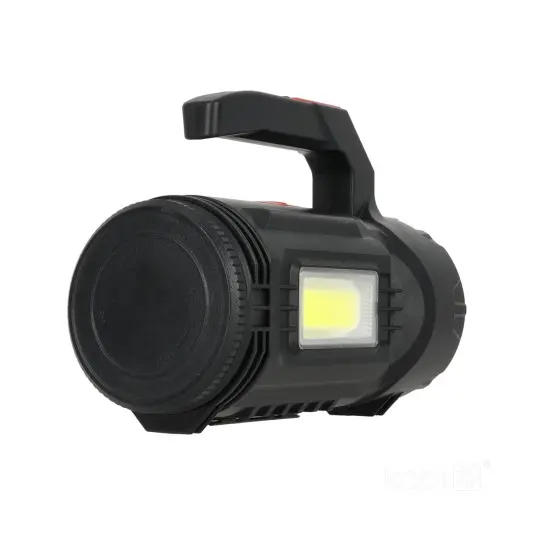 LED ficklampa visad från sidan med tänd sidolampa, som ger brett arbetsljus för hem, bil och resor.