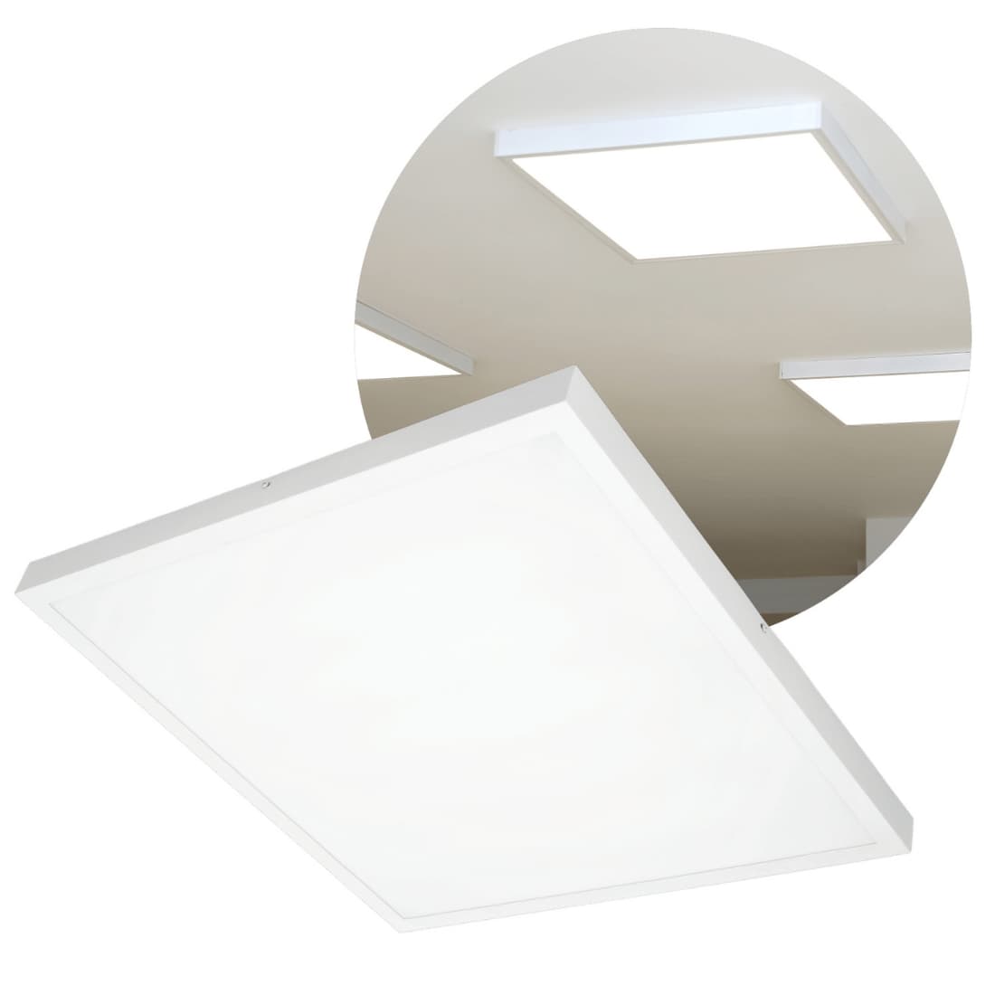 Weißes LED Panel 60x60 mit 36W, 4000K neutralweißem Licht und 4320 lm, geeignet für den Innenbereich. Das Einsatzbild zeigt das Panel in der Decke installiert für gleichmäßige Beleuchtung