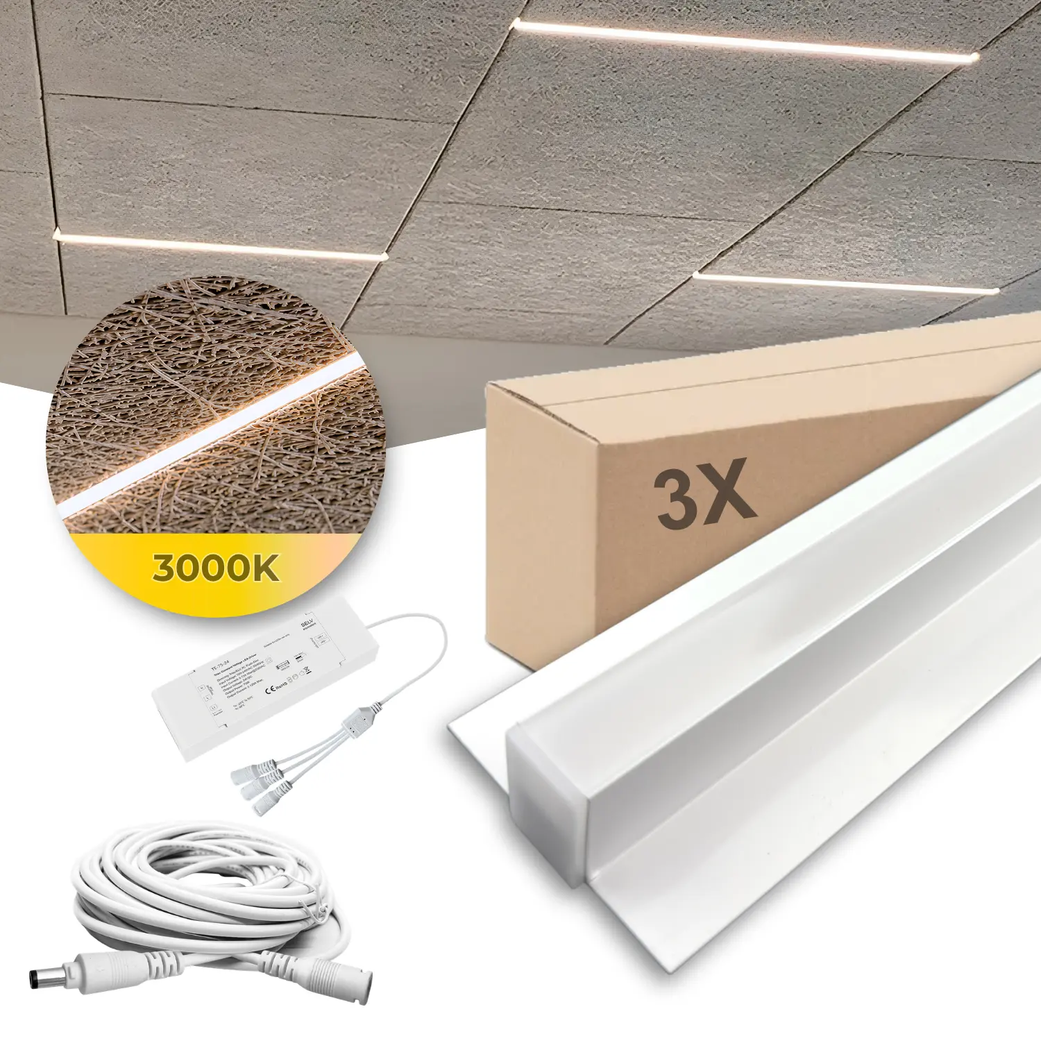 LED Troldtekt Rails 60cm | Set om 3 | Inklusive kablar, drivdon och 3-splitter | 3000K | PureLED | Vit