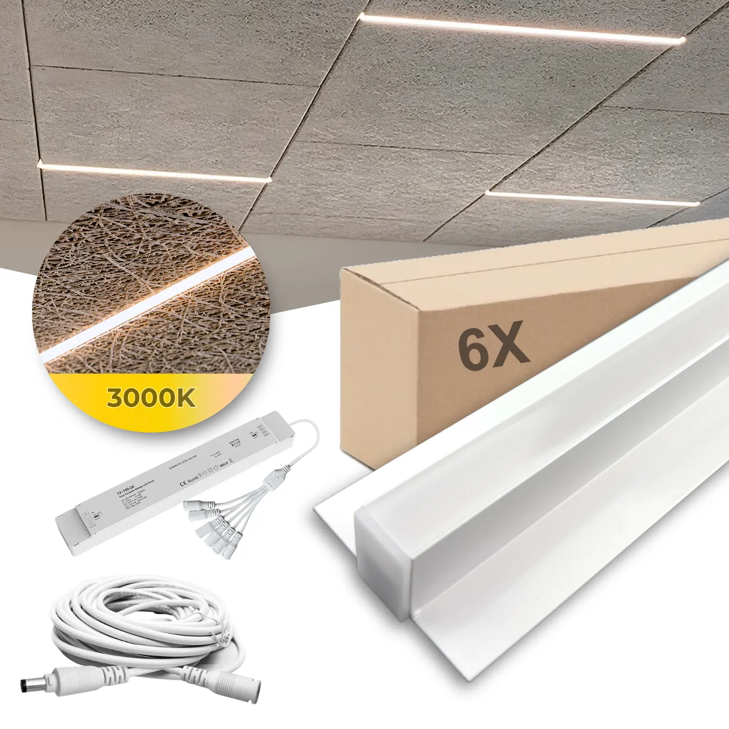 LED Troldtekt Rails 60cm | Set om 6 | Inklusive kablar, drivdon och 6-splitter | 3000K | PureLED | Vit