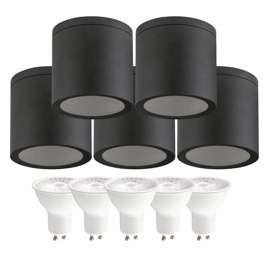 Takspotlights | 5-pack inkl. GU10 3000K | Utomhus | Rund | Svart | QZ