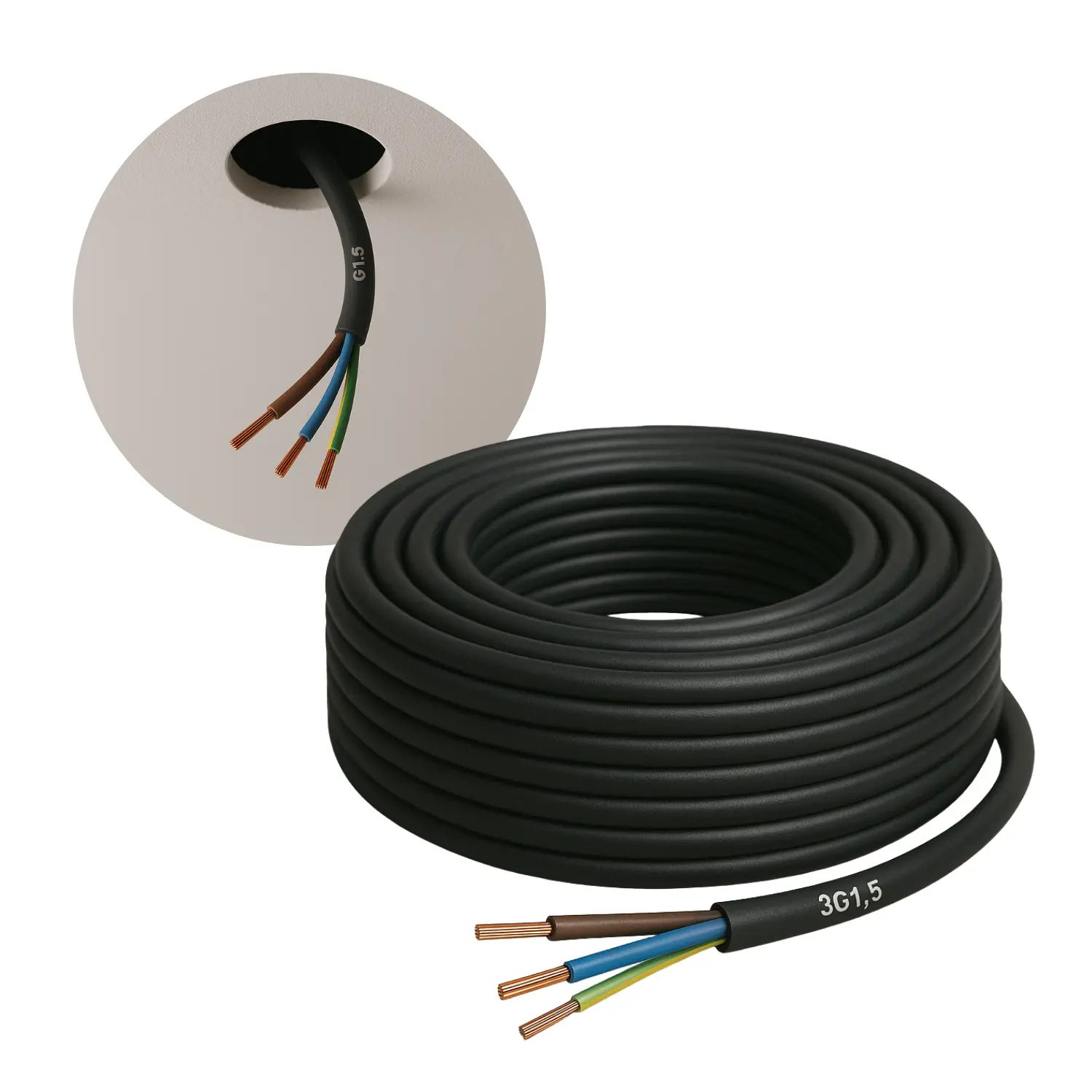 Downlightkabel 3G1,5 mm² | 25 meter | 90 °C | Svart