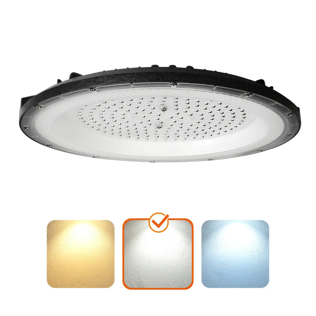 Industrilampe LED High Bay 200W med 24000lm, 4000K neutral hvid, IP65 tæthedsgrad og IK10 slagfasthed. Rund sort lampe vist med farveikoner for varm hvid, neutral hvid og kold hvid, hvor neutral hvid er markeret.