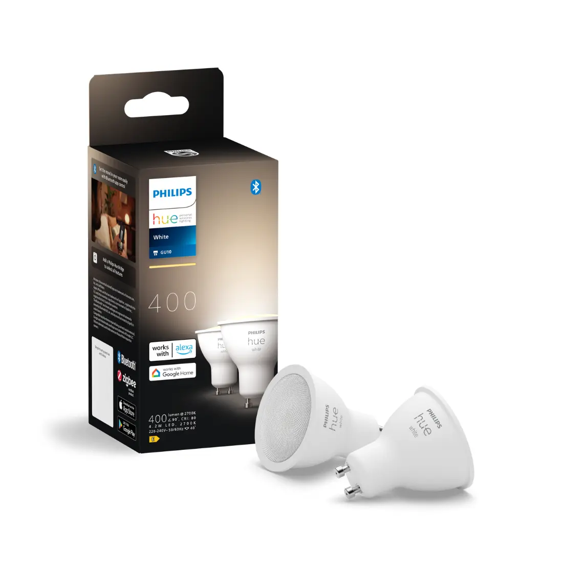 Philips Hue White GU10 spotpære, 2700K, 4,2W, 2-pak