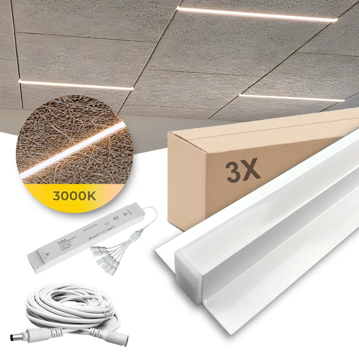 3x LED Troldtekt Track 60cm | Inklusive Kabel, Treiber und 3-Verteiler | 3000K | PureLED | Weiß
