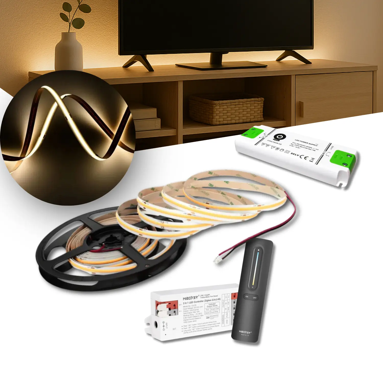 COB LED strip Set | 6m | 3000K | Zigbee | 9W/m | 8mm | Inkl. Styrenhet och Fjärrkontroll