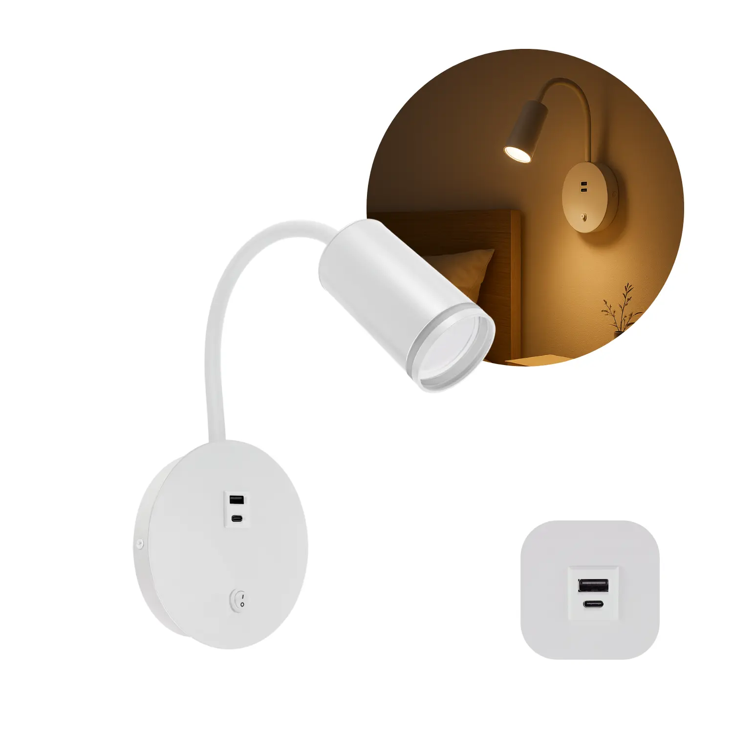 Wandgemonteerde Bedlamp met USB | USB Type A + C | GU10 | Wit