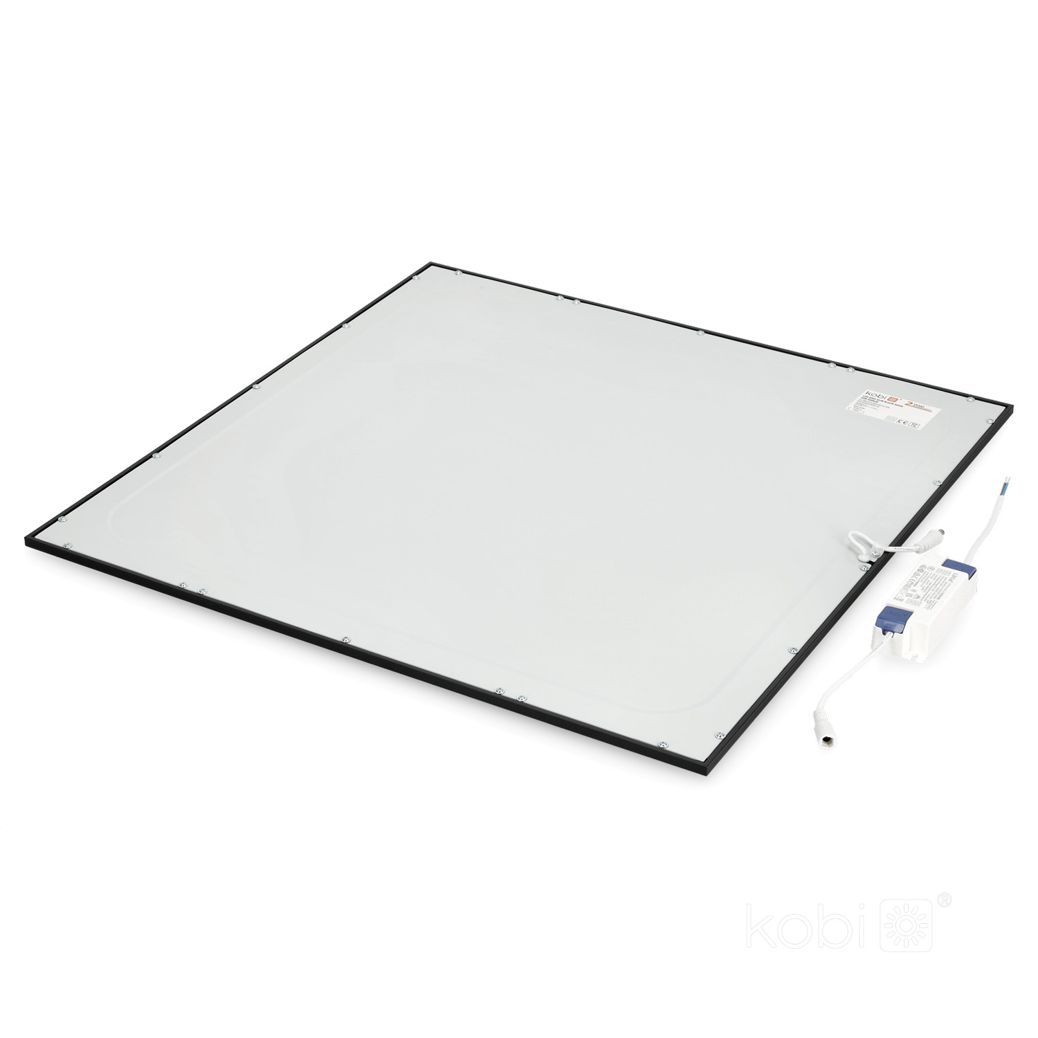 LED Panel 60x60 med svart ram, visad från baksidan med ansluten driver. Panelen har 40W effekt, 4000K neutralvitt ljus och inbyggd LED för inomhusbruk.