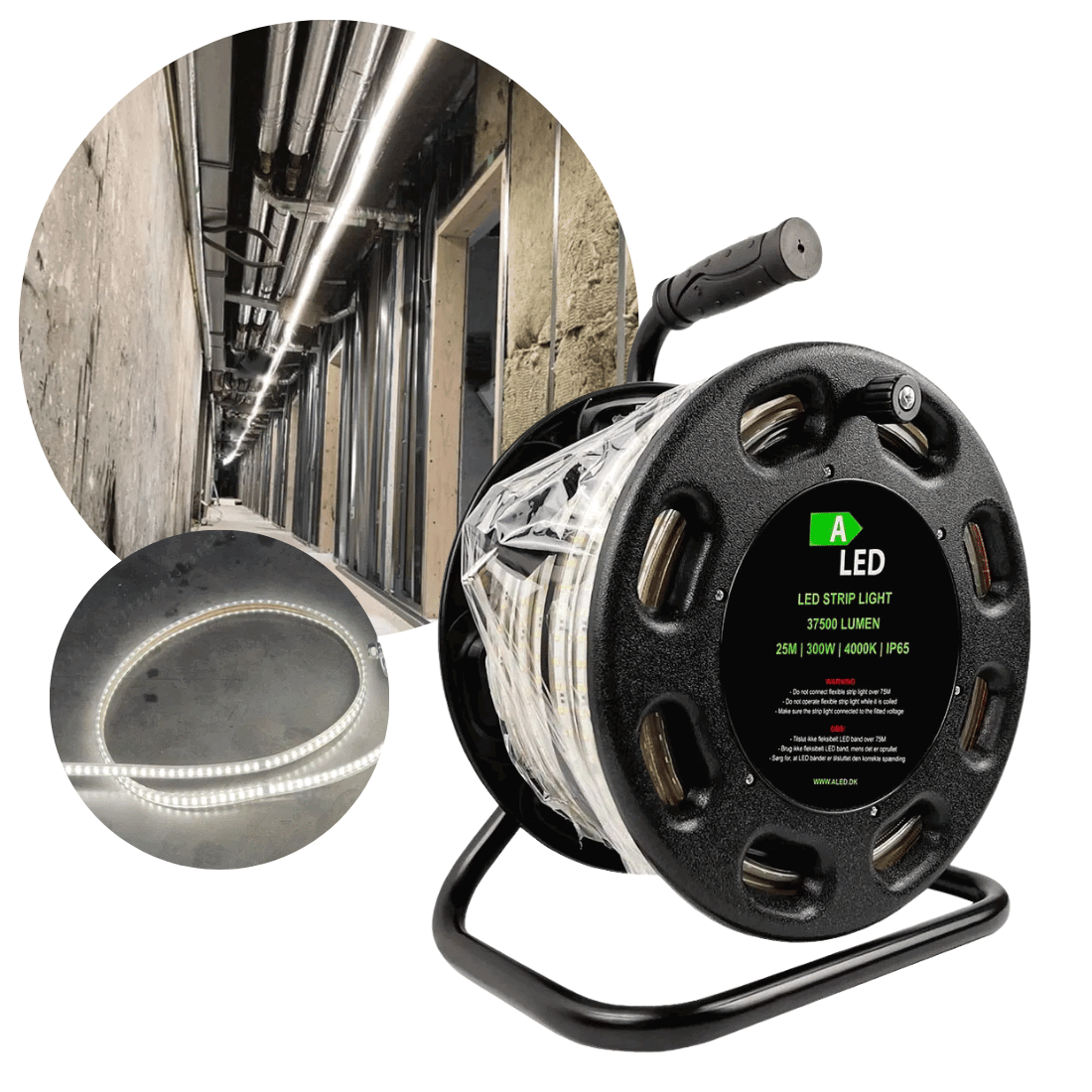 LED strip trumma 25m, 230V med 1500lm per meter, 4000K neutralvitt och IP65 skyddsklass. Svart trumma med LED band, visad med exempel på användning i taket på en byggarbetsplats och närbild av det lysande bandet.