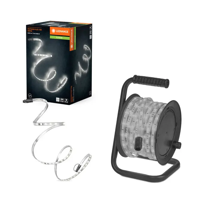 LED ljusband på rulle tillsammans med produktförpackning som framhäver funktionalitet och design för effektiv belysning.