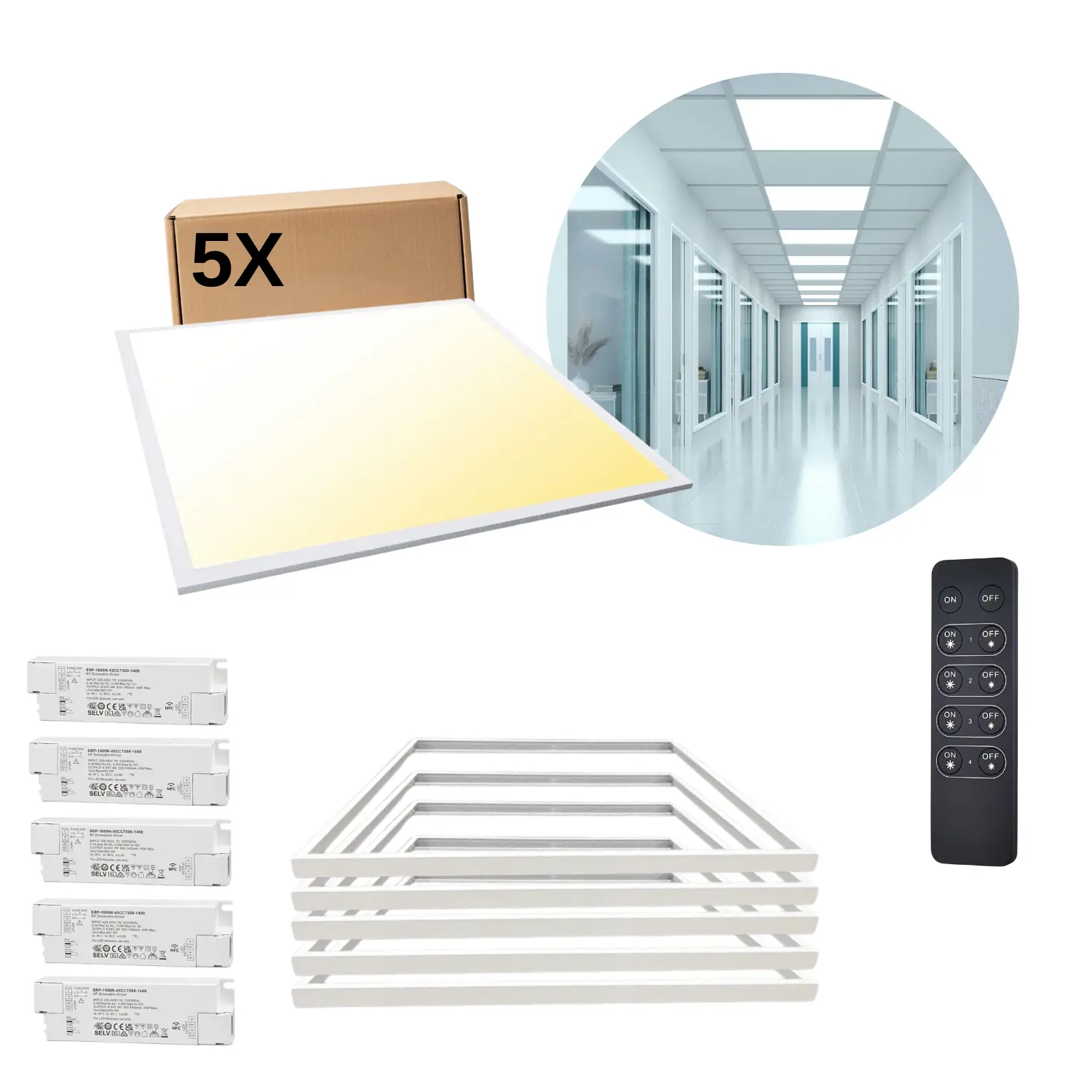 LED Panel 60x60 | 5-Pak | Dæmpbar | CCT | 3200lm | 32W | Inkl. Remote og Troldtektrammer | SMART | Hvid 