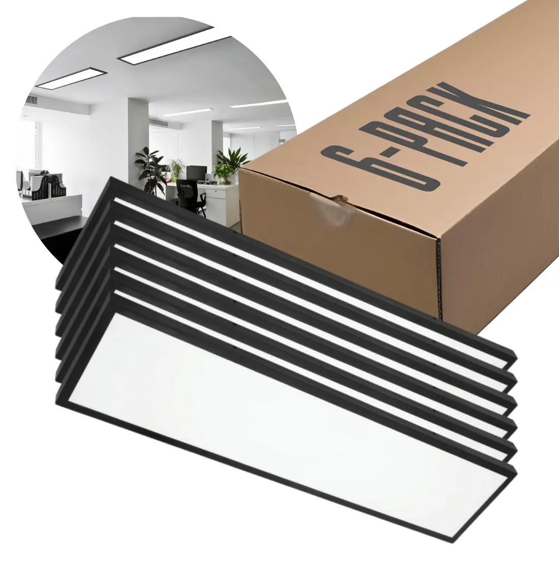 Paket med sex LED Panel 30x120 med svart ram, levererat i brun kartong märkt 6-pack och visat i takmiljö.