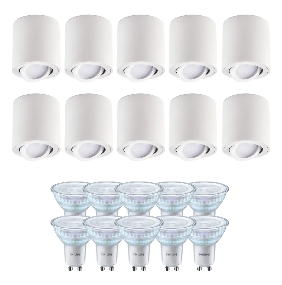 Påbygningsspots | 10 stk. paket inkl. Gu10 3000K | Dimbar | Vit | med Kip | Inomhus | 230V