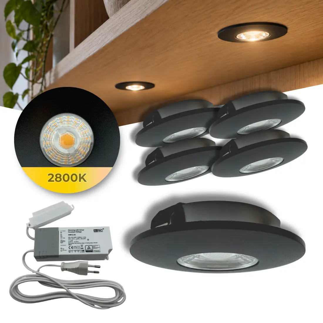 MITO Møbelspot 5 stk. inkl. Driver & Fordeler | LED | Dæmpbar | Sort
