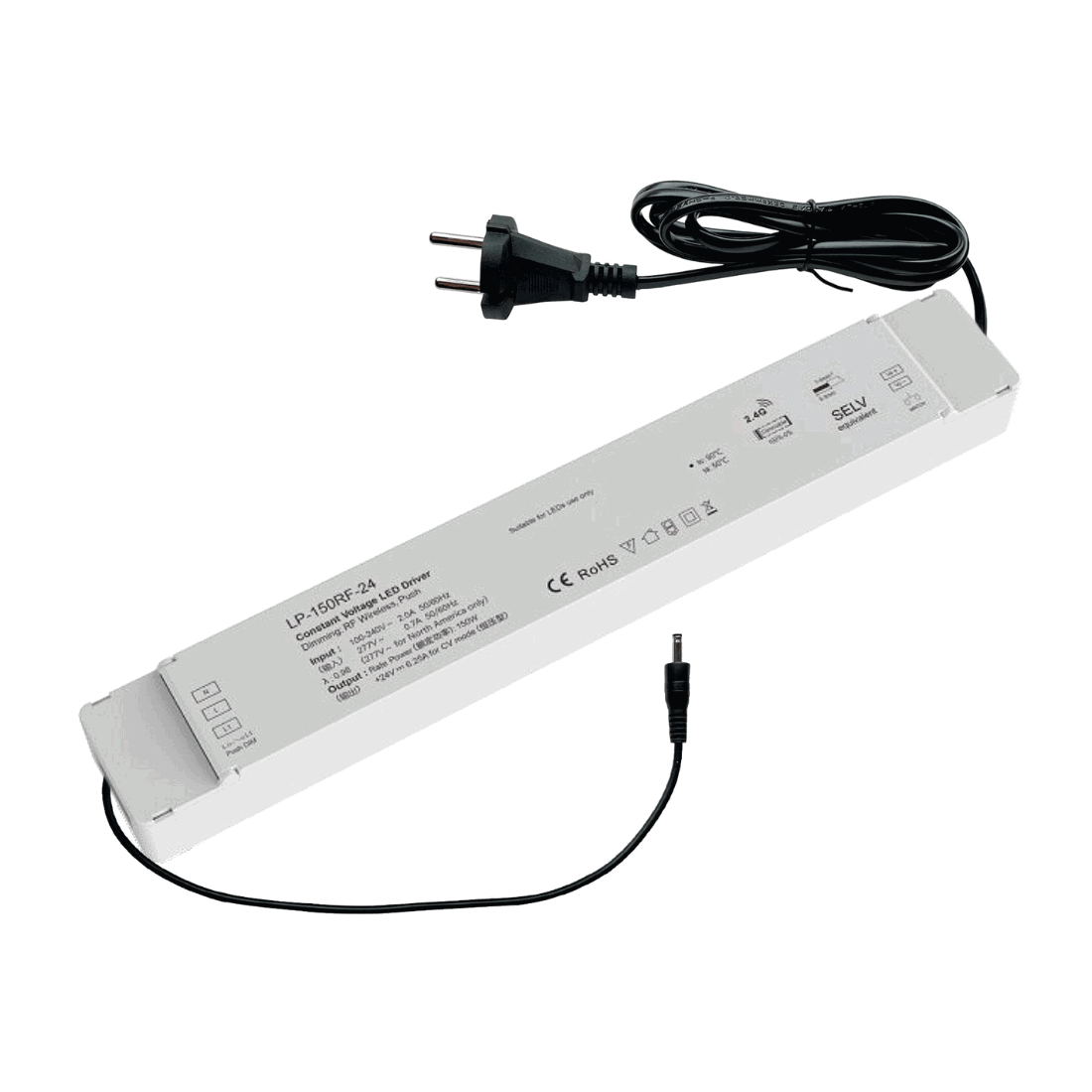 24V LED-drivrutin | 150W | Dimbar | RF 2.4G-kontroll | PUSH Mute | AC & DC adapter monterad