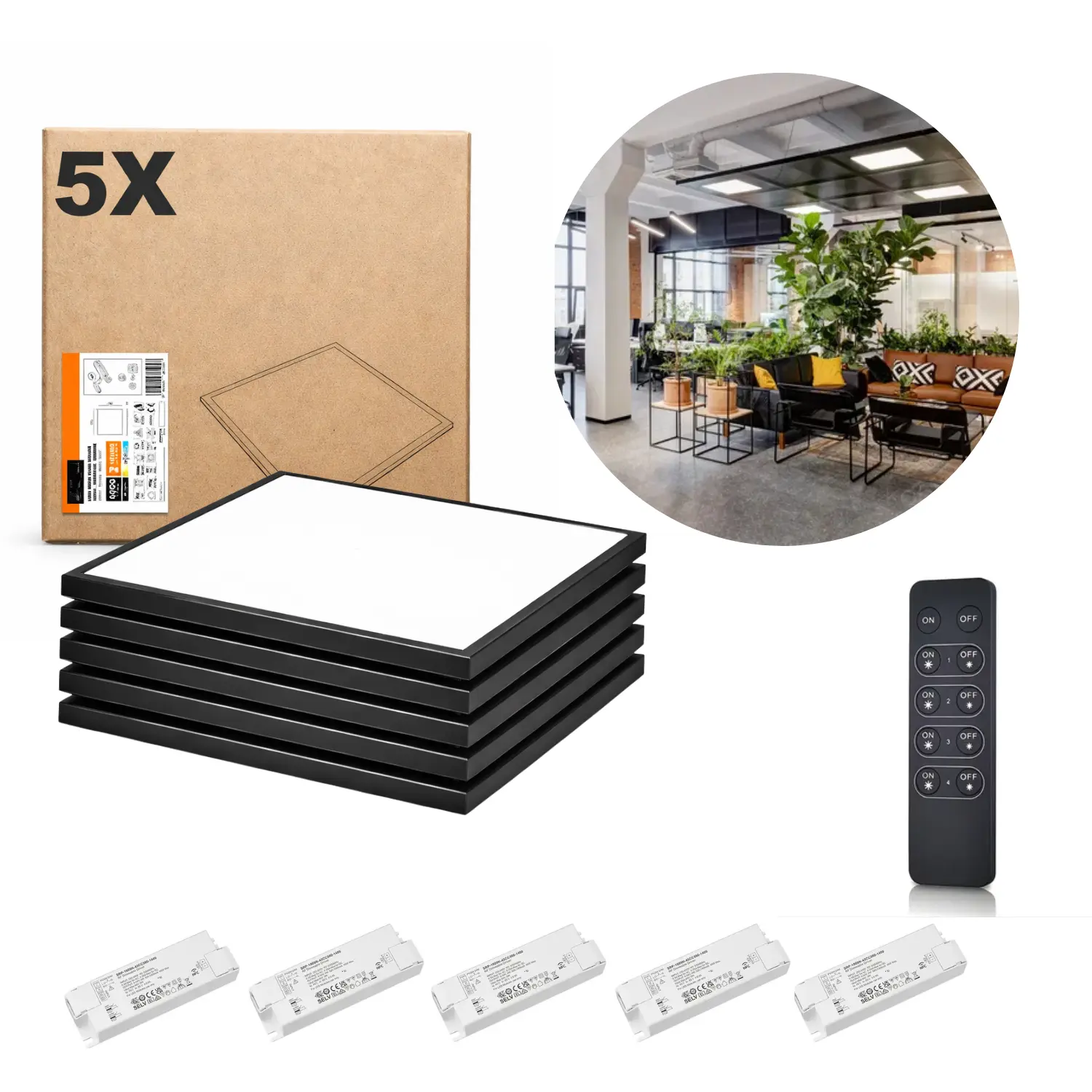 LED-panel 60x60 | 5-pack | Dimbar | 4000K| 4000lm | 40W | Inkl. fjärrkontroll | NIRA | Svart