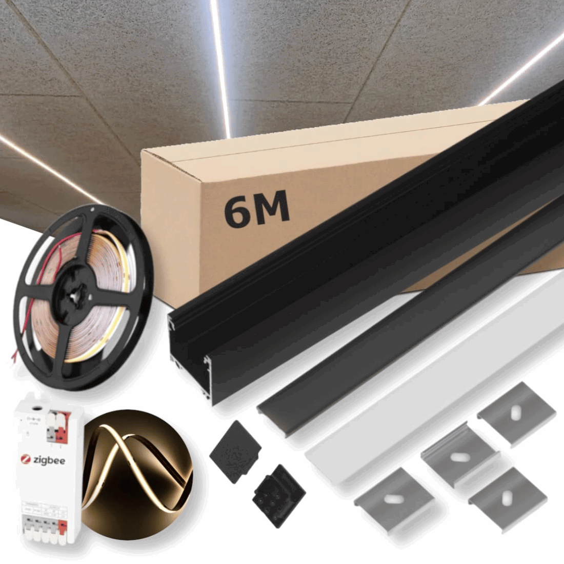 Zigbee Lysskinne til Troldtekt - 6m Sæt - 24v COB LED - Sort - 4000K