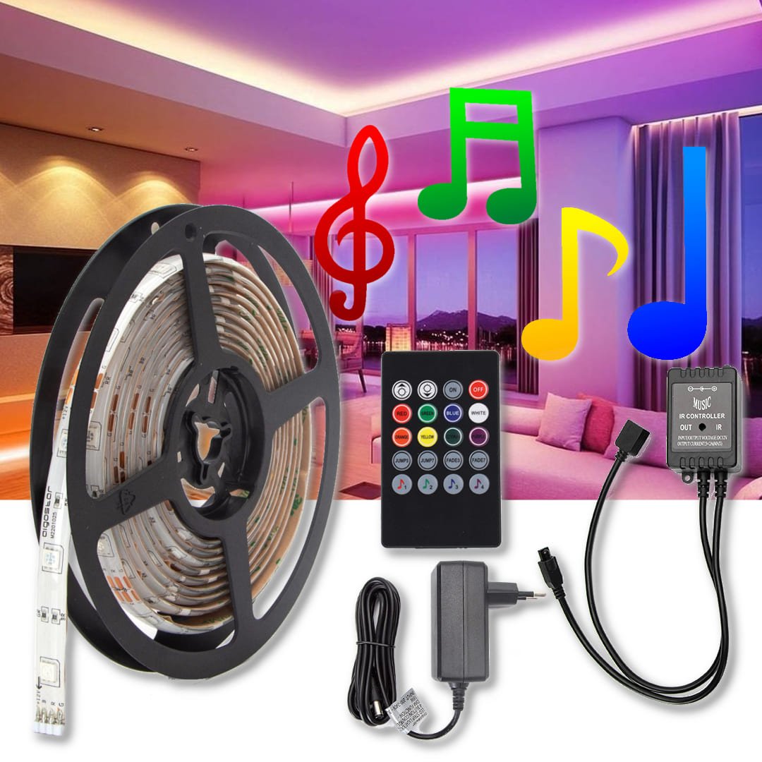12V LED Strip - 3m - RGB - Music Synch - Plug N´ Play - Inkl. fjernbetjening