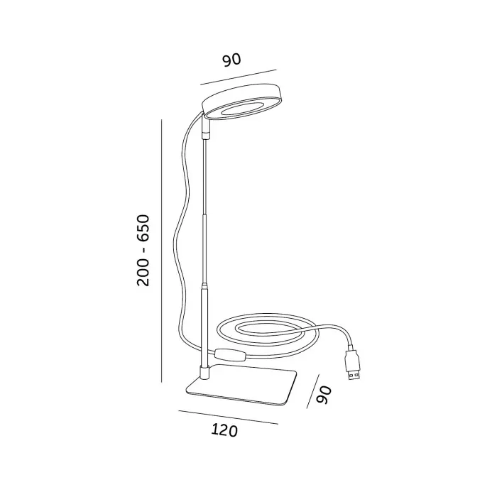 Teknisk illustration af Plantelys grolys med mål: højde 200–650 mm, lampehoved 90 mm og fod 120×90 mm. Teleskopstativ og USB-A kabel vist.