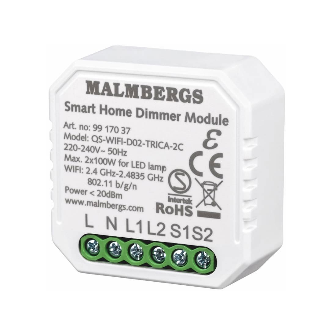 Malmbergs Smart Home Wi-Fi Dåse lysdæmper 2-kanal / Kroneafbryder, 2x150W LED