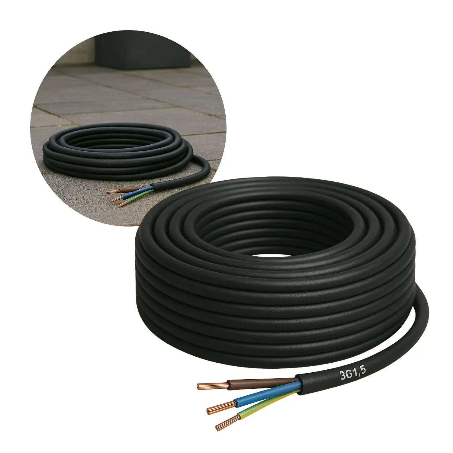 Rubberkabel 3G1,5 mm² | 10 meter | 70 °C | Zwart