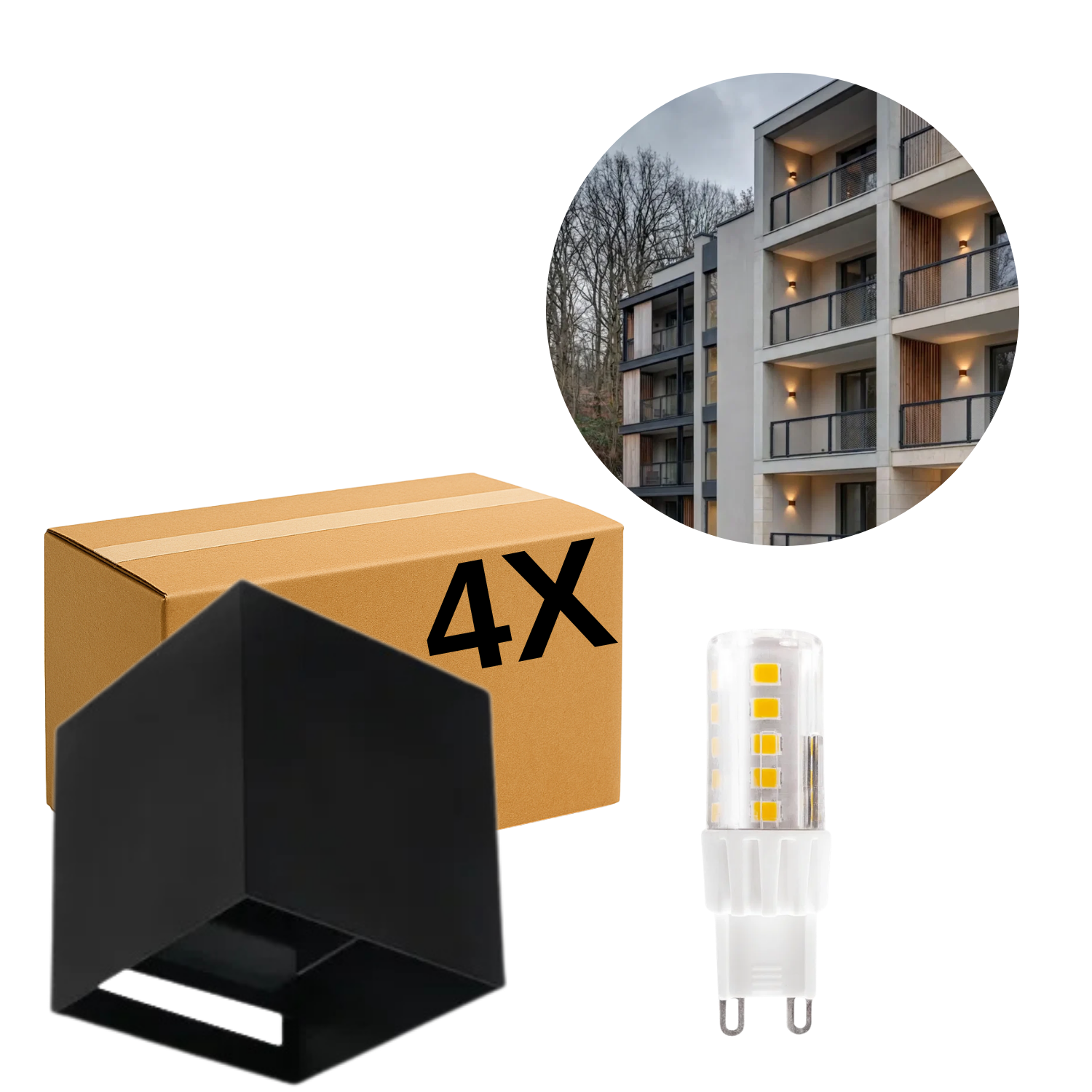 Utomhusvägglampa inkl. glödlampa | 4-pack | 3000K | 380lm | 4W | IP65 | Svart