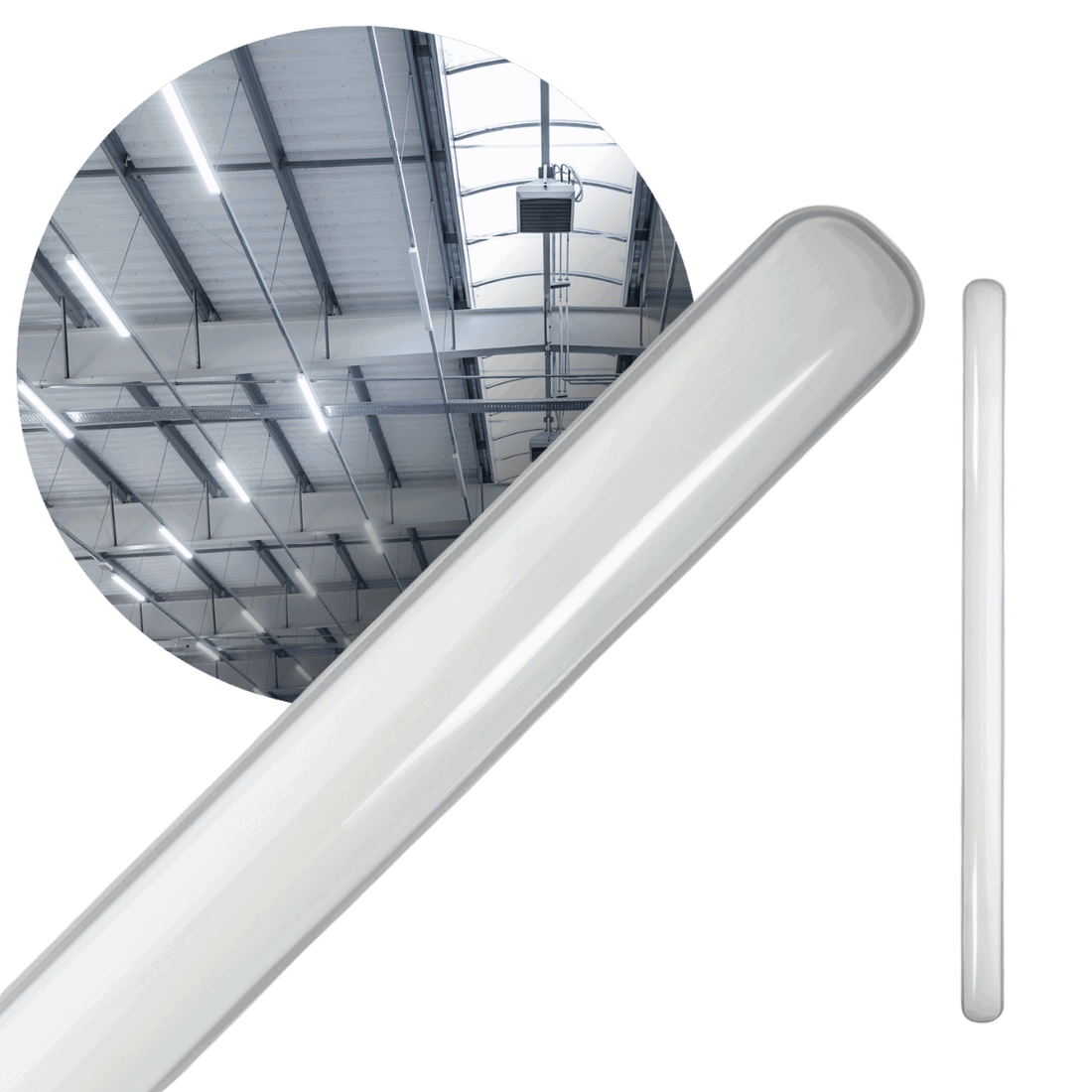 120 cm LED armatur 36W med indbygget LED, hvidt design og opal diffuser, IP65 beskyttet til industrielt brug. Armaturet giver 4320 lumen ved 4000K og er vist installeret i loftet i en stor hal.