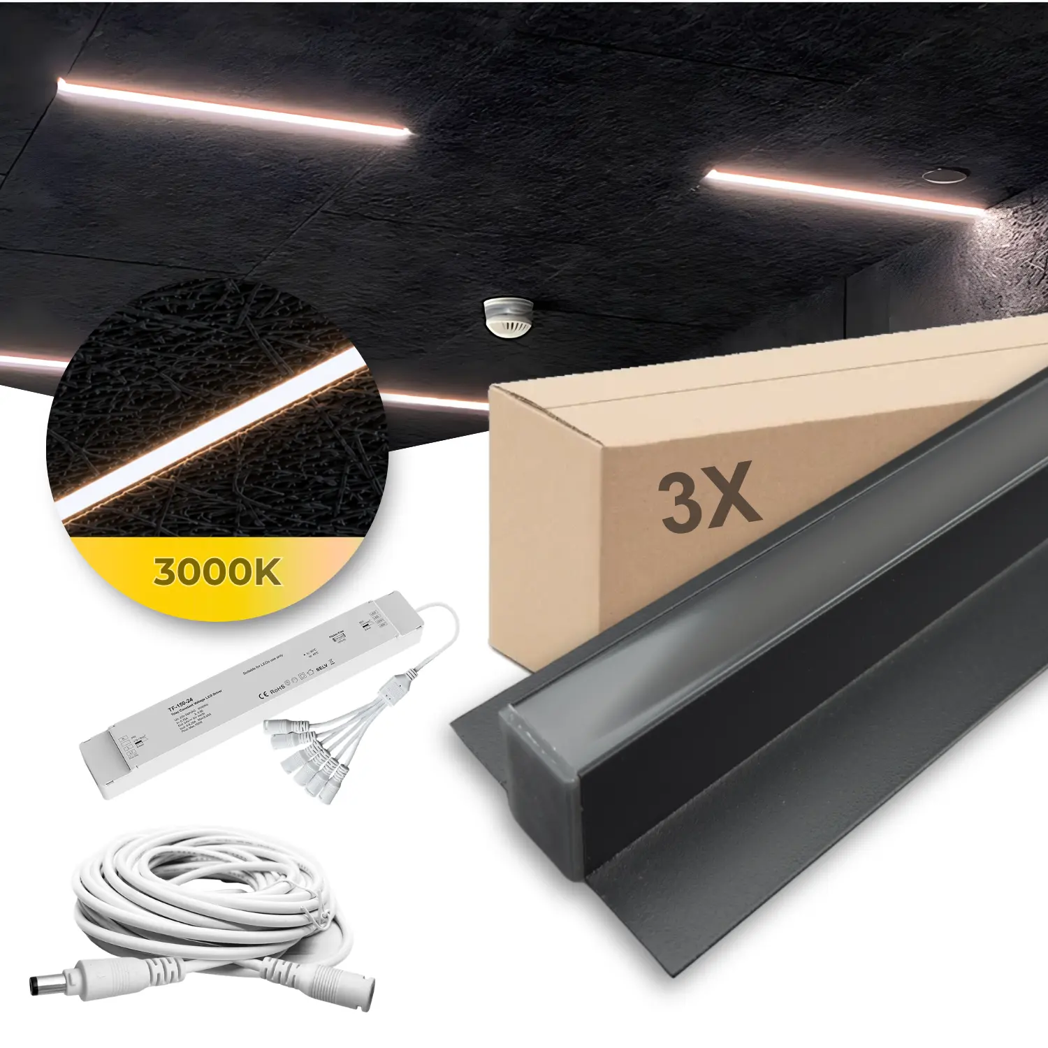3x LED Troldtekt Track 60cm | Inklusive Kabel, Treiber und 3-Splitter | 3000K | PureLED | Schwarz