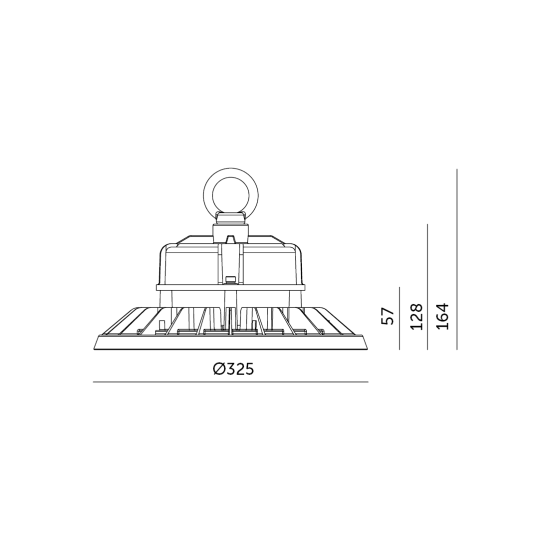 Teknisk tegning af LED industrilampe RIO PRO 200W 4000K med diameter på 325 mm og højde på 164 mm. Illustrationen viser lampens proportioner med ribbet kølekonstruktion og ophængsøje.