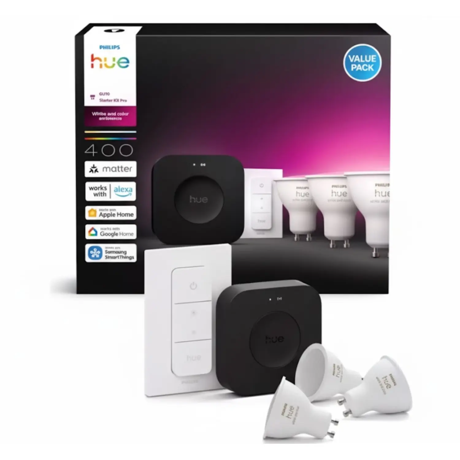 Philips Hue GU10 Startpaket | White & Color Ambiance | Bridge Pro + Strömbrytare | 400lm | 4,2W