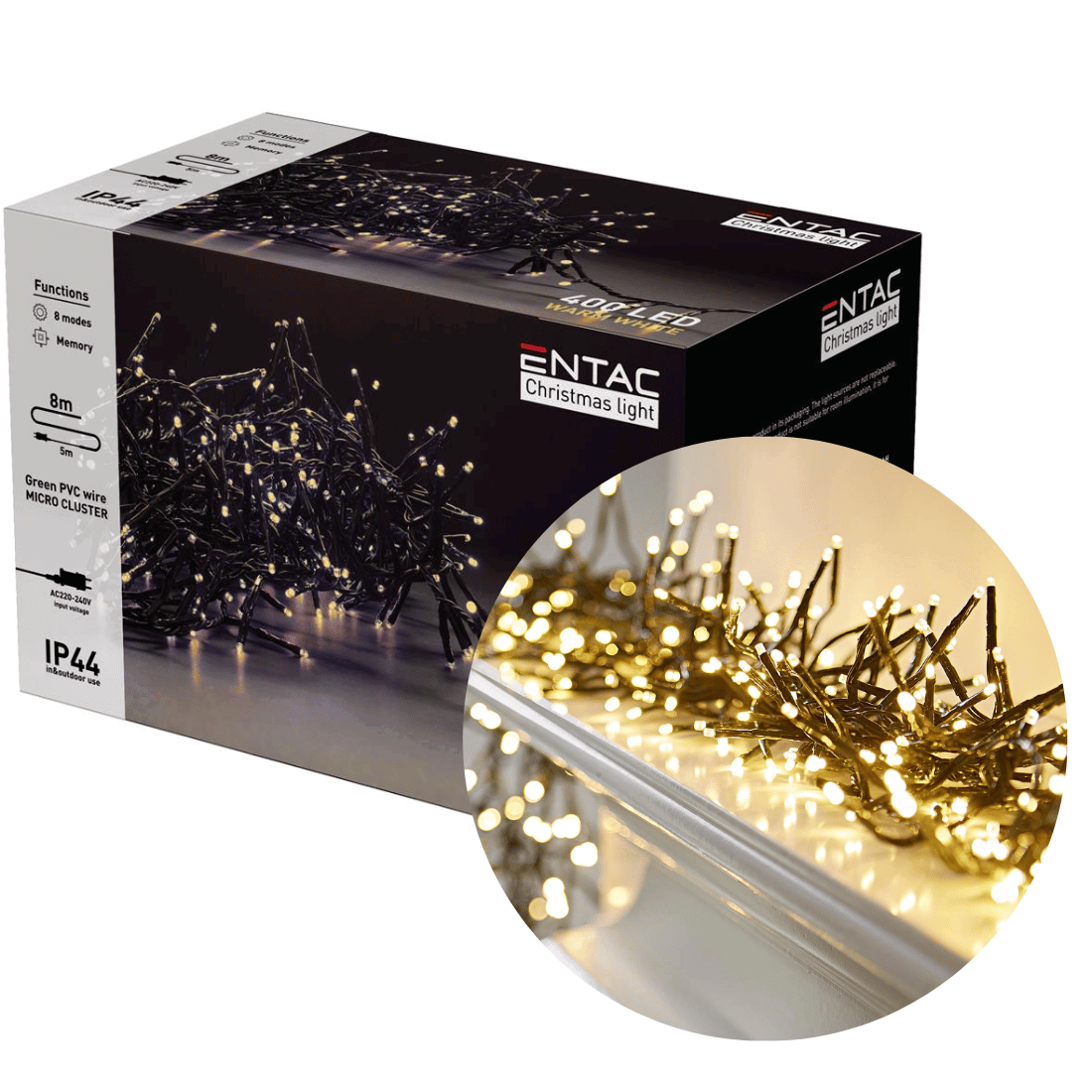 Lyskæde | Cluster | IP44 | 400 LED Dioder | WW | 8M