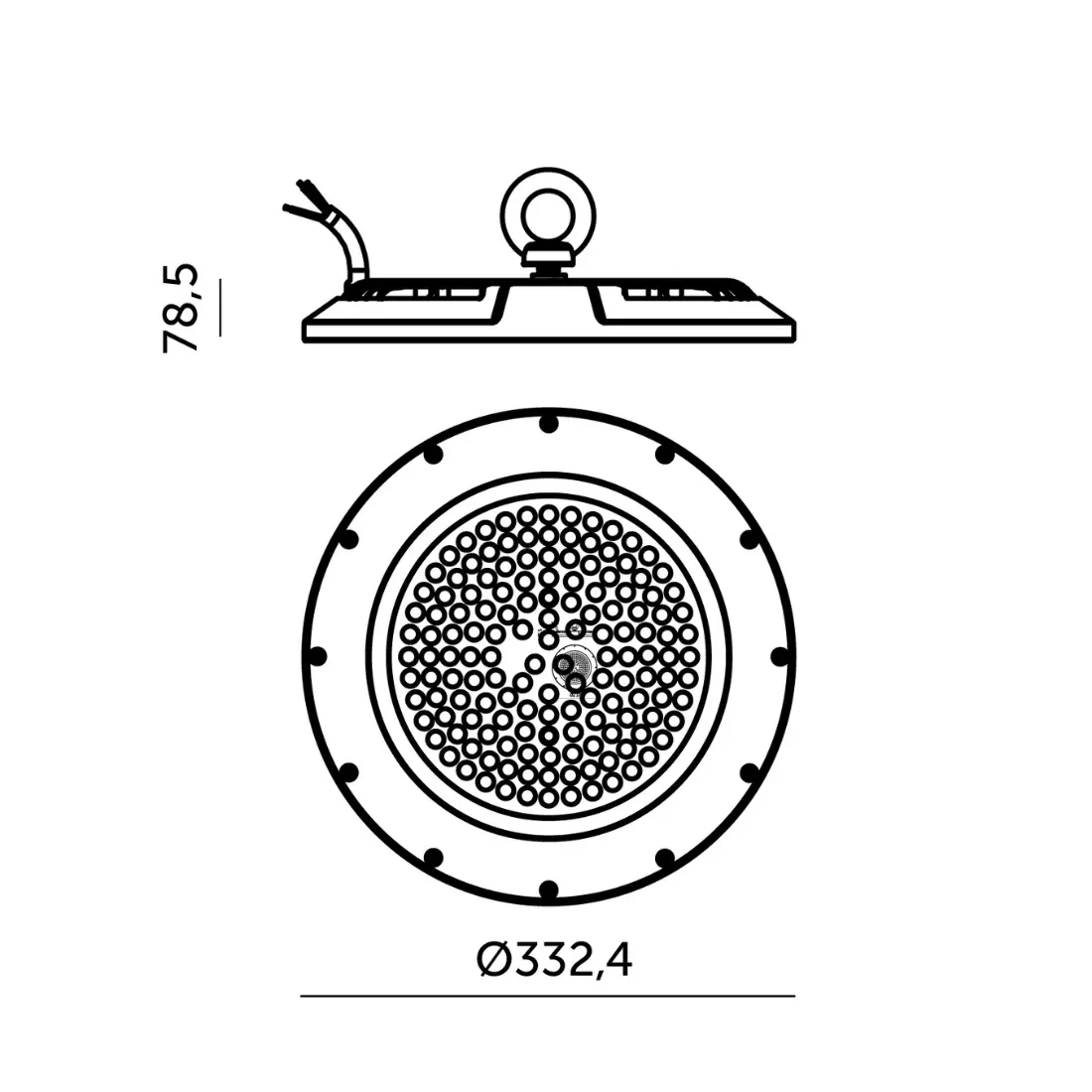 Industrilampe LED High Bay 200W med 24000lm, 4000K neutral hvid, IP65 tæthedsgrad og IK10 slagfasthed. Teknisk stregtegning af lampens dimensioner med diameter på 332,4 mm og højde på 78,5 mm.