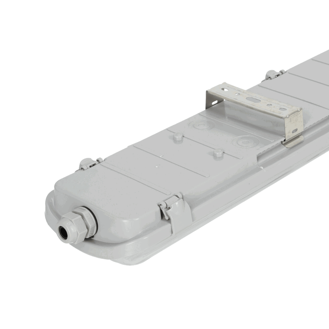 Bagende af LED industriarmatur i grå med monteringsbeslag og kabelindgang.