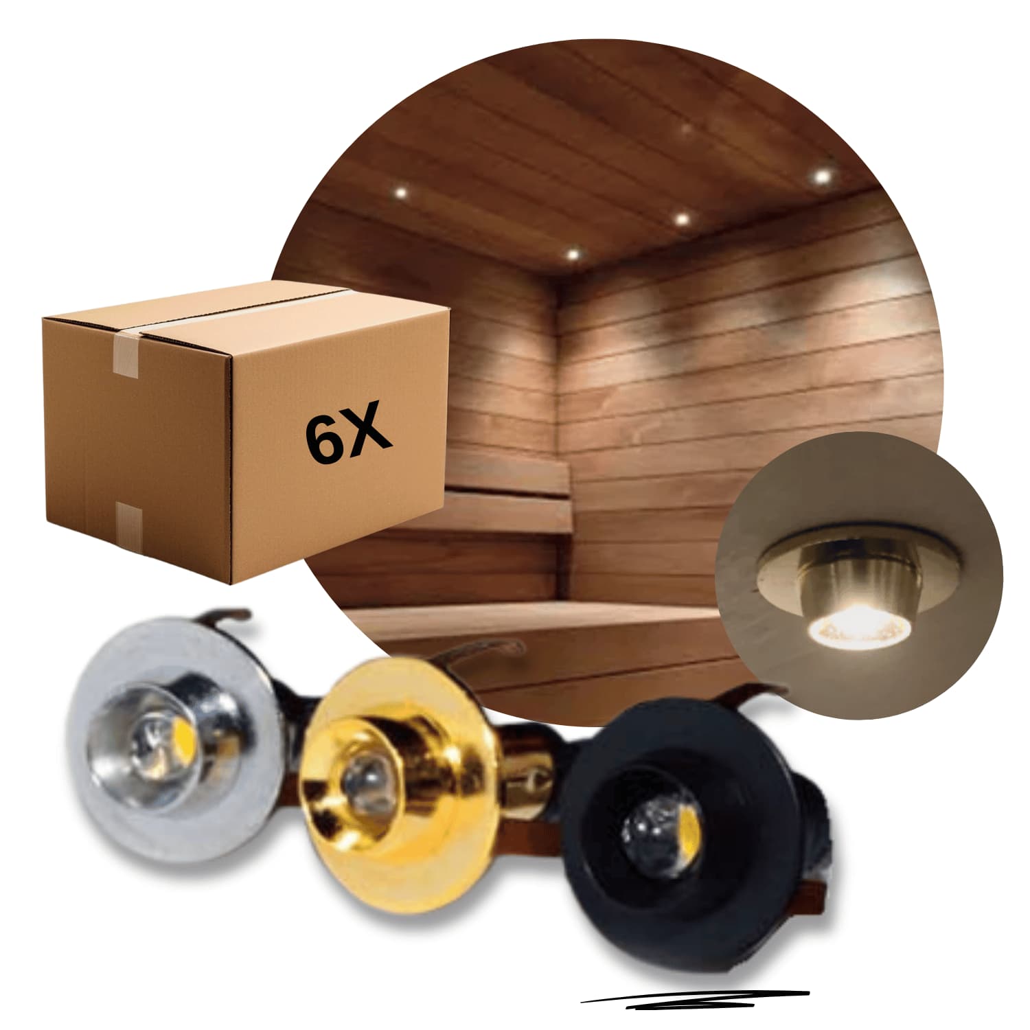Saunaverlichting | Zwart | 6 stuks | 3000K | SaunaLED