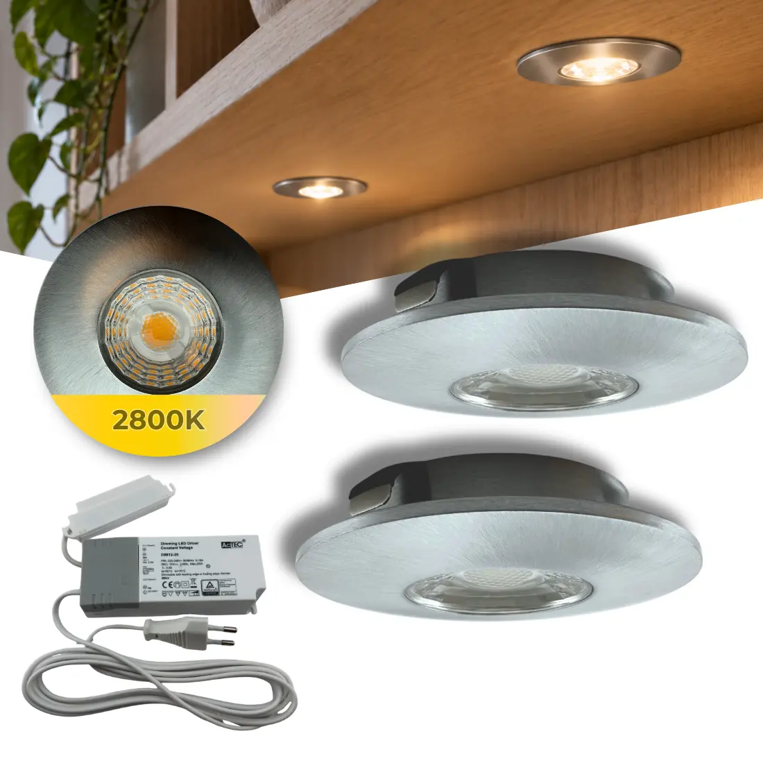 MITO Meubelspot 2 stuks incl. Driver &amp; Verdeler | LED | Dimbaar | Geborsteld Staal | 2800K