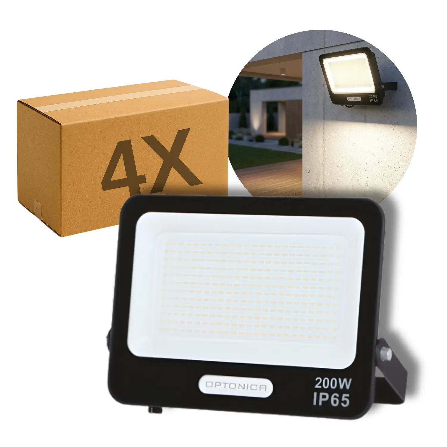 LED-strålkastare | 4-pack | 6000K | 200W | 18000lm | IP65 | Svart | Mycket ljus