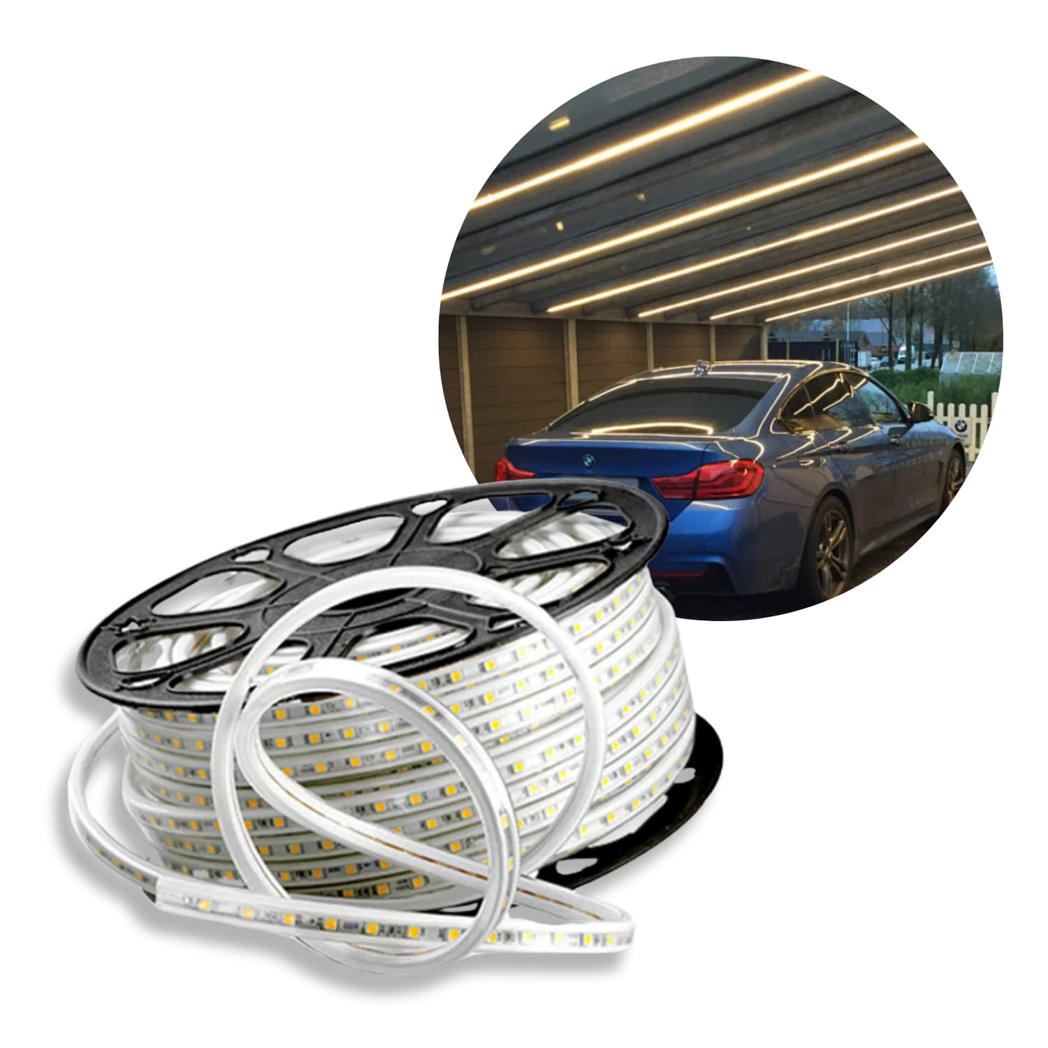 Glorie IP67 230V LED strip i varm-hvid 3000K på rulle med fleksibelt design, vist i brug til belysning af carport.