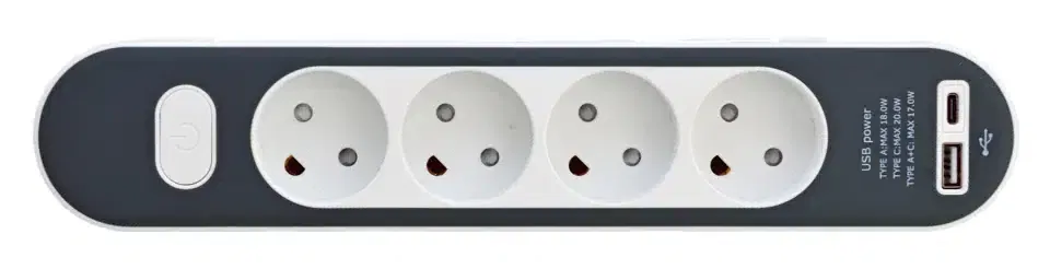 Stekkerdoos met USB A en C | 4-voudig | 1,4 m | 3680W | Wit-Grijs